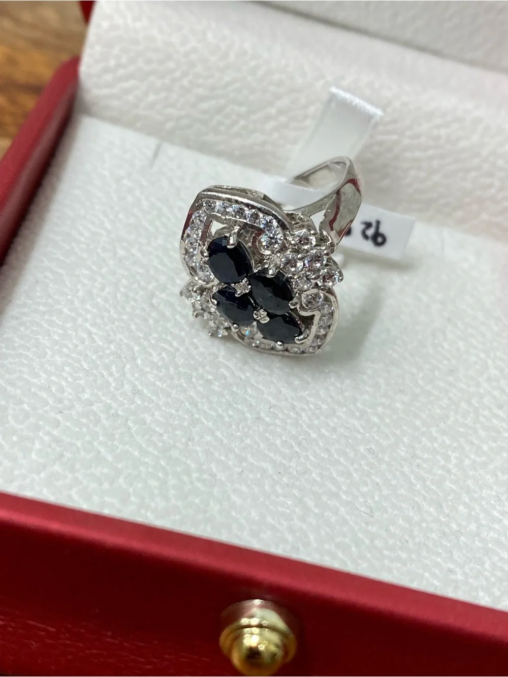 925 Sterling Silver Natural Dark Blue Sapphire And CZ Ring